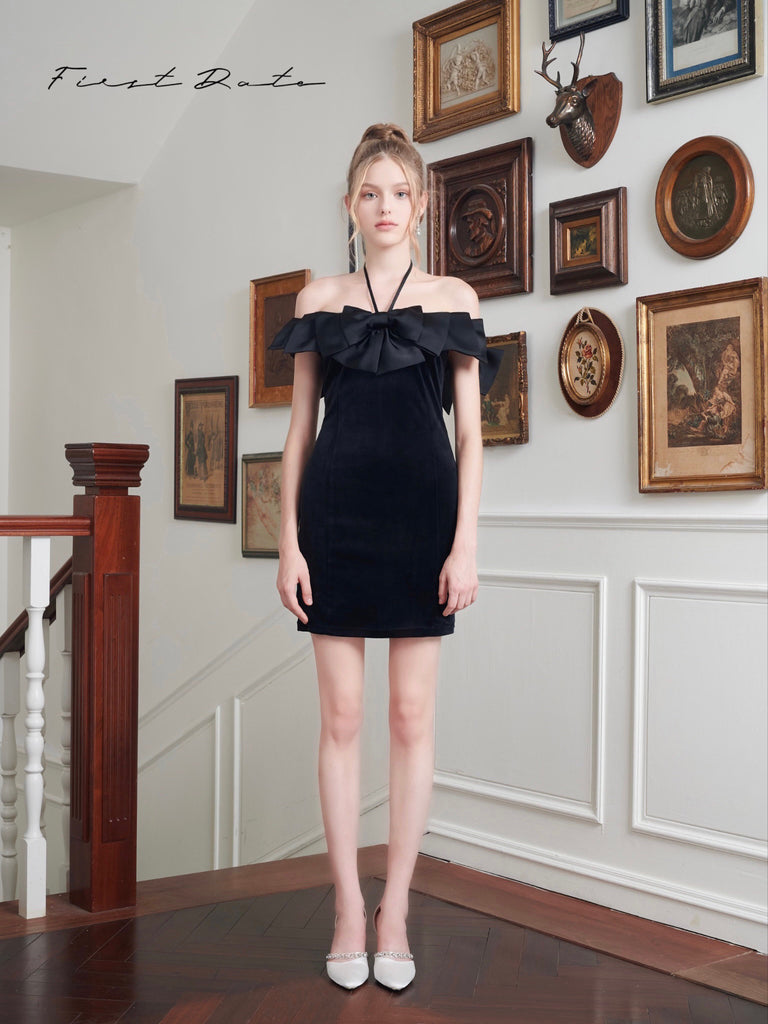 First Date Adelina Black Mini Dress with Bow