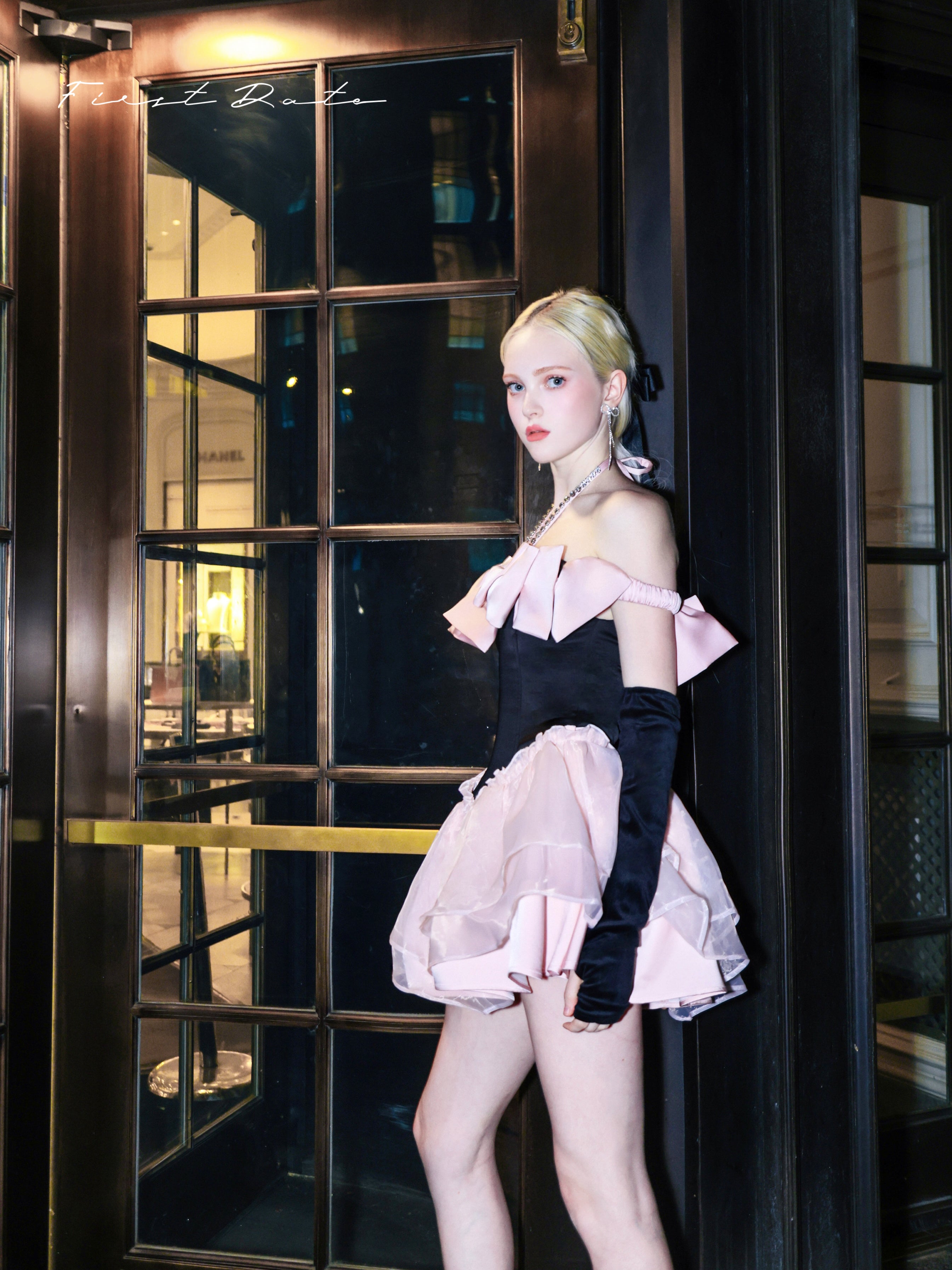 pink dress black stockings Pink and Black Outfit